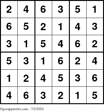 The grouppuzzles.com Answer grid for the Sudoku-6up puzzle for Tuesday July 2, 2024