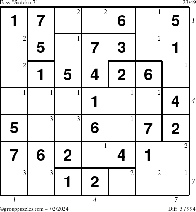 The grouppuzzles.com Easy Sudoku-7 puzzle for Tuesday July 2, 2024 with all 3 steps marked