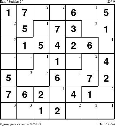 The grouppuzzles.com Easy Sudoku-7 puzzle for Tuesday July 2, 2024 with the first 3 steps marked