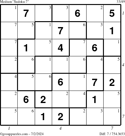 The grouppuzzles.com Medium Sudoku-7 puzzle for Tuesday July 2, 2024, suitable for printing, with all 7 steps marked