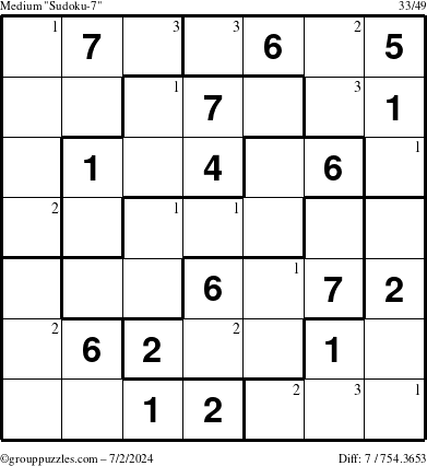 The grouppuzzles.com Medium Sudoku-7 puzzle for Tuesday July 2, 2024 with the first 3 steps marked