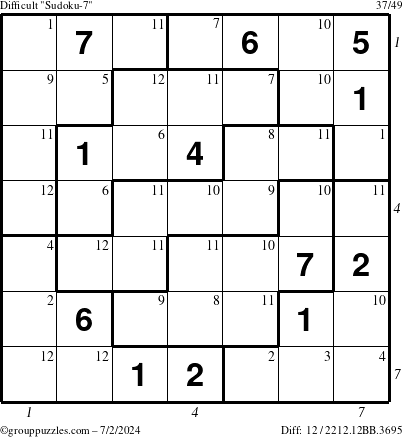 The grouppuzzles.com Difficult Sudoku-7 puzzle for Tuesday July 2, 2024 with all 12 steps marked