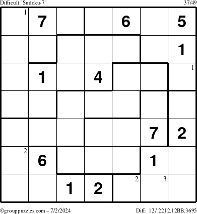 The grouppuzzles.com Difficult Sudoku-7 puzzle for Tuesday July 2, 2024 with the first 3 steps marked