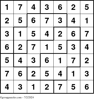 The grouppuzzles.com Answer grid for the Sudoku-7 puzzle for Tuesday July 2, 2024