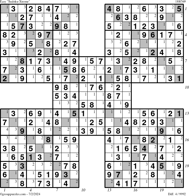 The grouppuzzles.com Easy Sudoku-Xtreme puzzle for Tuesday July 2, 2024 with all 4 steps marked