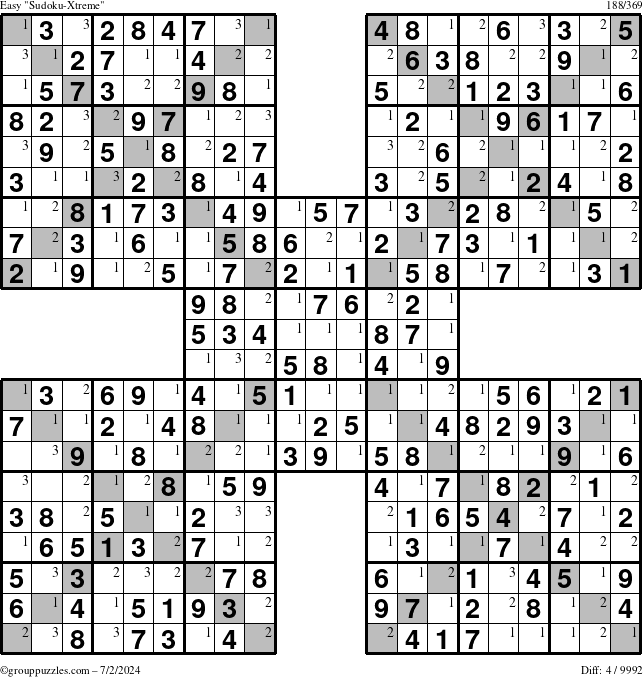 The grouppuzzles.com Easy Sudoku-Xtreme puzzle for Tuesday July 2, 2024 with the first 3 steps marked