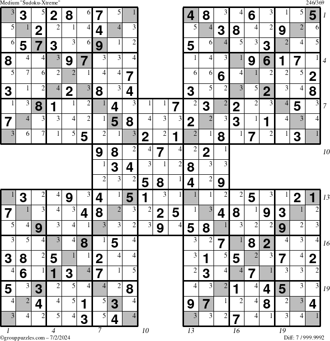 The grouppuzzles.com Medium Sudoku-Xtreme puzzle for Tuesday July 2, 2024 with all 7 steps marked