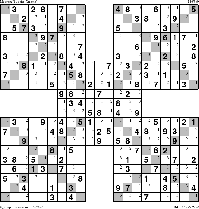 The grouppuzzles.com Medium Sudoku-Xtreme puzzle for Tuesday July 2, 2024 with the first 3 steps marked