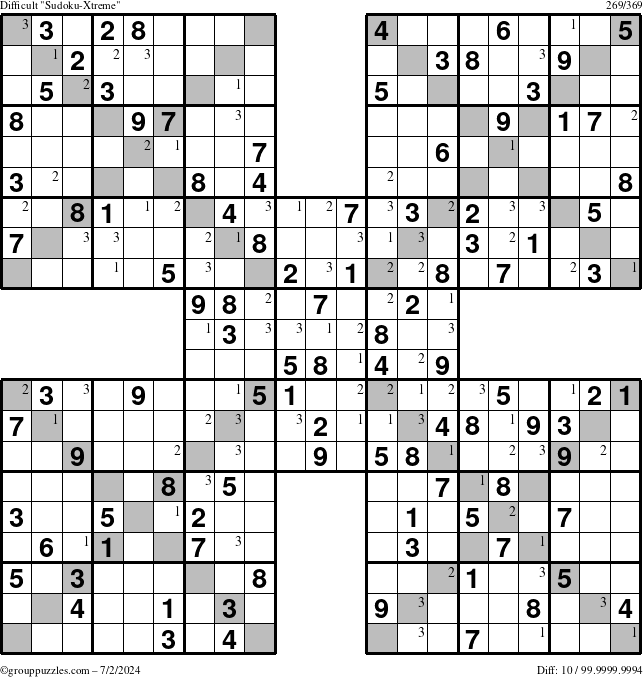 The grouppuzzles.com Difficult Sudoku-Xtreme puzzle for Tuesday July 2, 2024 with the first 3 steps marked