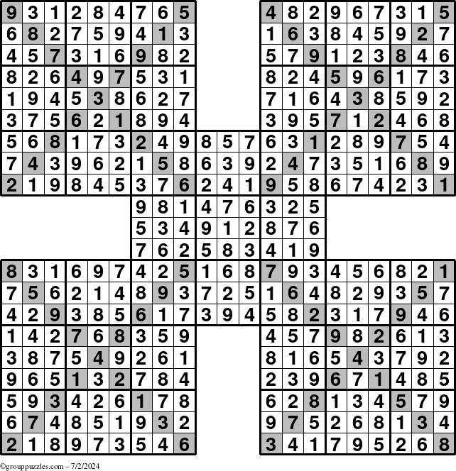 The grouppuzzles.com Answer grid for the Sudoku-Xtreme puzzle for Tuesday July 2, 2024