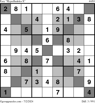 The grouppuzzles.com Easy HyperSudoku-X puzzle for Tuesday July 2, 2024