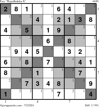 The grouppuzzles.com Easy HyperSudoku-X puzzle for Tuesday July 2, 2024 with all 3 steps marked