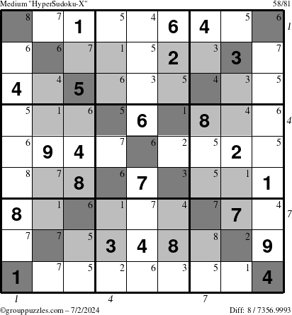 The grouppuzzles.com Medium HyperSudoku-X puzzle for Tuesday July 2, 2024 with all 8 steps marked