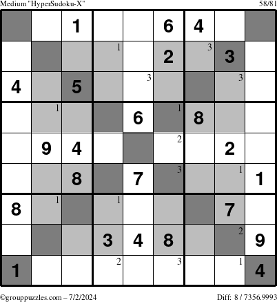 The grouppuzzles.com Medium HyperSudoku-X puzzle for Tuesday July 2, 2024 with the first 3 steps marked