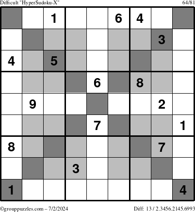 The grouppuzzles.com Difficult HyperSudoku-X puzzle for Tuesday July 2, 2024