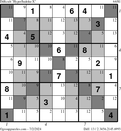 The grouppuzzles.com Difficult HyperSudoku-X puzzle for Tuesday July 2, 2024 with all 13 steps marked