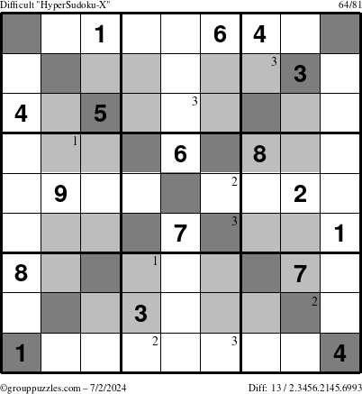 The grouppuzzles.com Difficult HyperSudoku-X puzzle for Tuesday July 2, 2024 with the first 3 steps marked