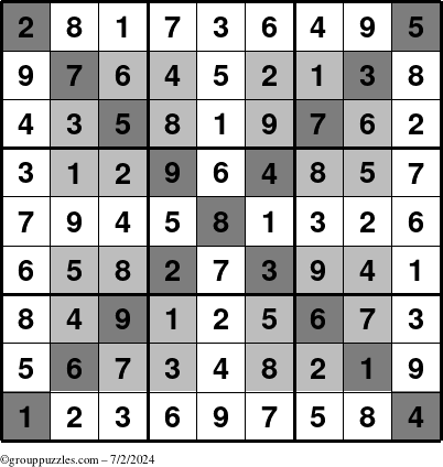 The grouppuzzles.com Answer grid for the HyperSudoku-X puzzle for Tuesday July 2, 2024