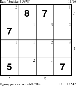 The grouppuzzles.com Easy Sudoku-4-5678 puzzle for Monday June 1, 2026, suitable for printing, with all 3 steps marked