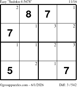 The grouppuzzles.com Easy Sudoku-4-5678 puzzle for Monday June 1, 2026 with the first 3 steps marked
