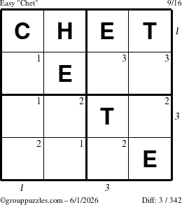 The grouppuzzles.com Easy Chet puzzle for Monday June 1, 2026 with all 3 steps marked