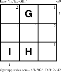 The grouppuzzles.com Easy TicTac-GHI puzzle for Monday June 1, 2026 with all 2 steps marked