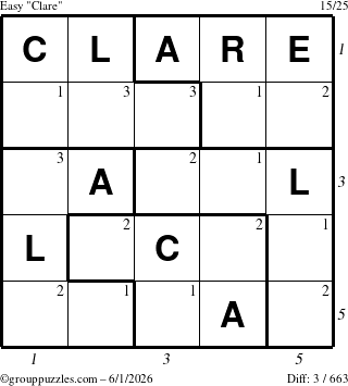 The grouppuzzles.com Easy Clare puzzle for Monday June 1, 2026 with all 3 steps marked
