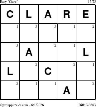 The grouppuzzles.com Easy Clare puzzle for Monday June 1, 2026 with the first 3 steps marked