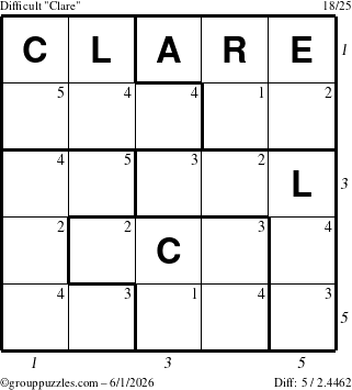 The grouppuzzles.com Difficult Clare puzzle for Monday June 1, 2026 with all 5 steps marked