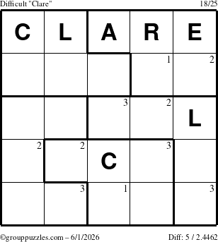 The grouppuzzles.com Difficult Clare puzzle for Monday June 1, 2026 with the first 3 steps marked