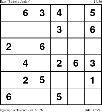The grouppuzzles.com Easy Sudoku-Junior puzzle for Monday June 1, 2026