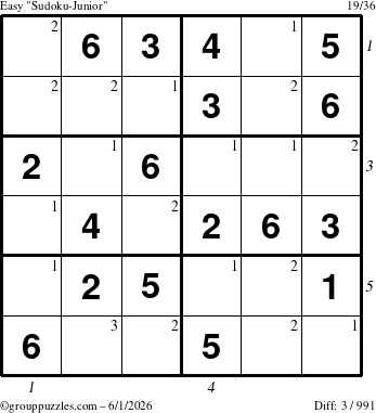 The grouppuzzles.com Easy Sudoku-Junior puzzle for Monday June 1, 2026 with all 3 steps marked
