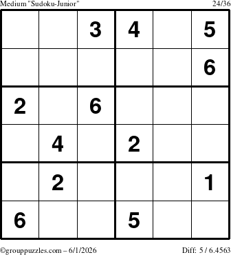 The grouppuzzles.com Medium Sudoku-Junior puzzle for Monday June 1, 2026