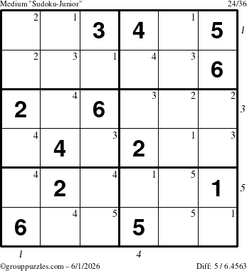 The grouppuzzles.com Medium Sudoku-Junior puzzle for Monday June 1, 2026, suitable for printing, with all 5 steps marked