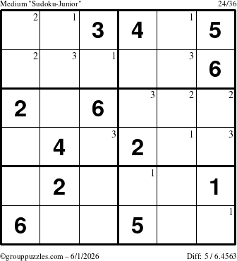 The grouppuzzles.com Medium Sudoku-Junior puzzle for Monday June 1, 2026 with the first 3 steps marked