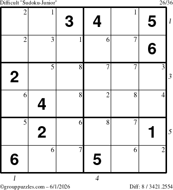 The grouppuzzles.com Difficult Sudoku-Junior puzzle for Monday June 1, 2026, suitable for printing, with all 8 steps marked
