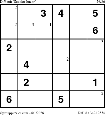 The grouppuzzles.com Difficult Sudoku-Junior puzzle for Monday June 1, 2026 with the first 3 steps marked