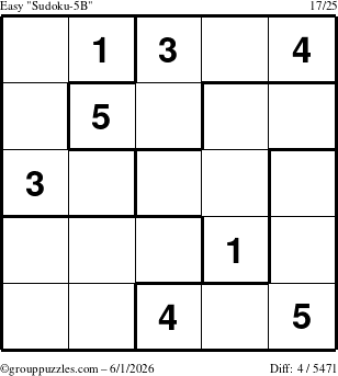 The grouppuzzles.com Easy Sudoku-5B puzzle for Monday June 1, 2026