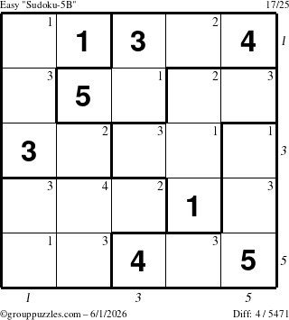 The grouppuzzles.com Easy Sudoku-5B puzzle for Monday June 1, 2026 with all 4 steps marked