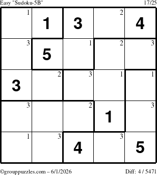 The grouppuzzles.com Easy Sudoku-5B puzzle for Monday June 1, 2026 with the first 3 steps marked