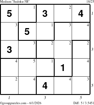 The grouppuzzles.com Medium Sudoku-5B puzzle for Monday June 1, 2026, suitable for printing, with all 5 steps marked