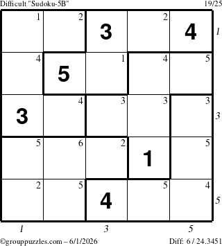The grouppuzzles.com Difficult Sudoku-5B puzzle for Monday June 1, 2026, suitable for printing, with all 6 steps marked