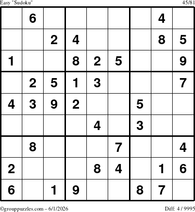 The grouppuzzles.com Easy Sudoku puzzle for Monday June 1, 2026