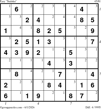 The grouppuzzles.com Easy Sudoku puzzle for Monday June 1, 2026, suitable for printing, with all 4 steps marked