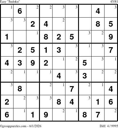 The grouppuzzles.com Easy Sudoku puzzle for Monday June 1, 2026 with the first 3 steps marked