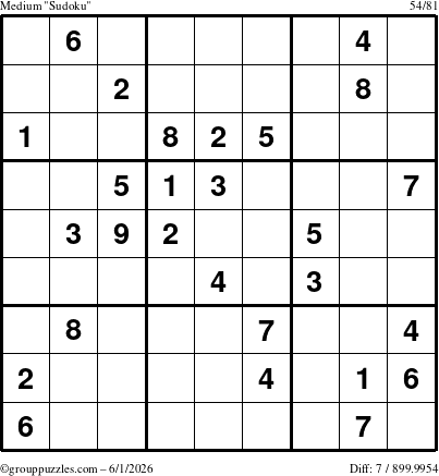 The grouppuzzles.com Medium Sudoku puzzle for Monday June 1, 2026
