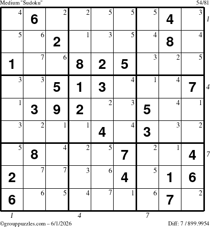 The grouppuzzles.com Medium Sudoku puzzle for Monday June 1, 2026 with all 7 steps marked