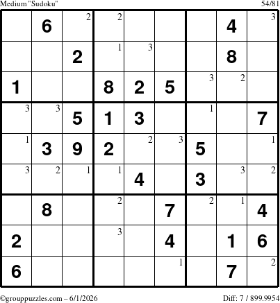 The grouppuzzles.com Medium Sudoku puzzle for Monday June 1, 2026 with the first 3 steps marked