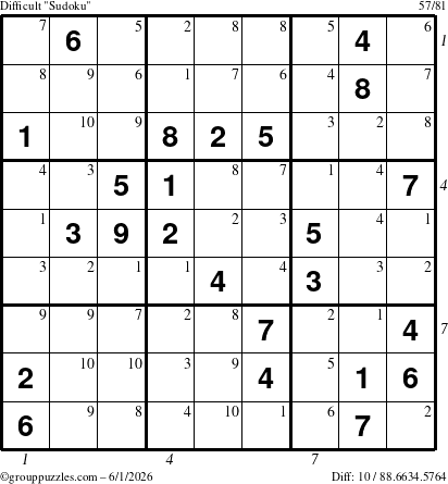 The grouppuzzles.com Difficult Sudoku puzzle for Monday June 1, 2026 with all 10 steps marked