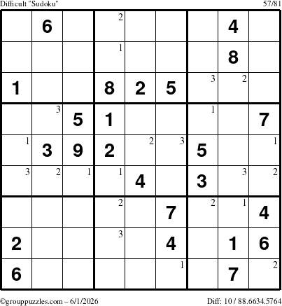 The grouppuzzles.com Difficult Sudoku puzzle for Monday June 1, 2026 with the first 3 steps marked